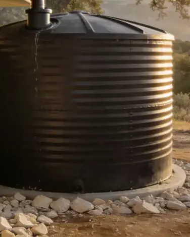 A dark ribbed rainwater tank on a gravel pad, fed by a pipe from the roof